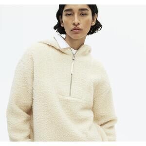 H&M Oversized Cream Sherpa Hoodie with Half-Zip and Hood - Size - Medium